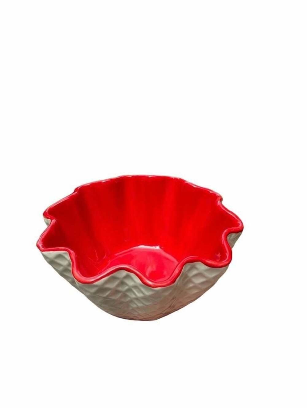 Transpac Waffle Pattern Ceramic Bowl Red and White Ruffled Edge
